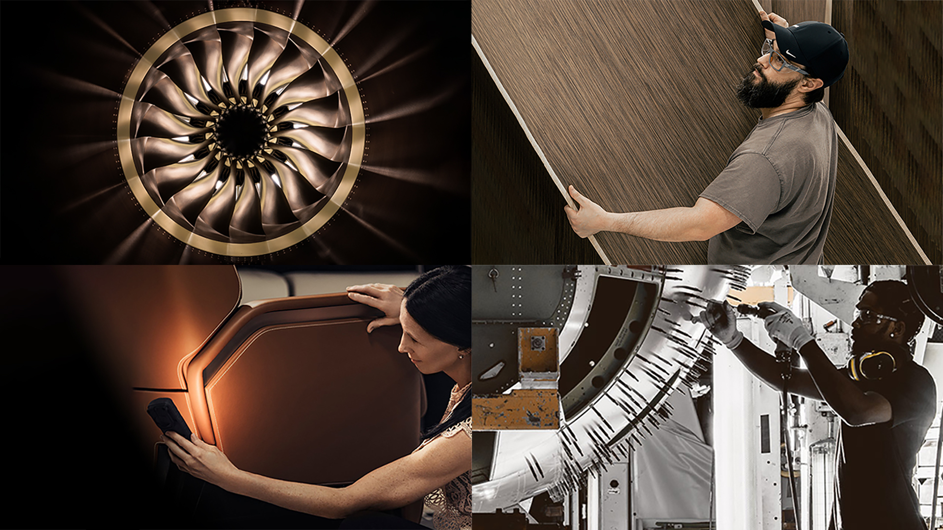 Collage of a workers assembling aircraft parts